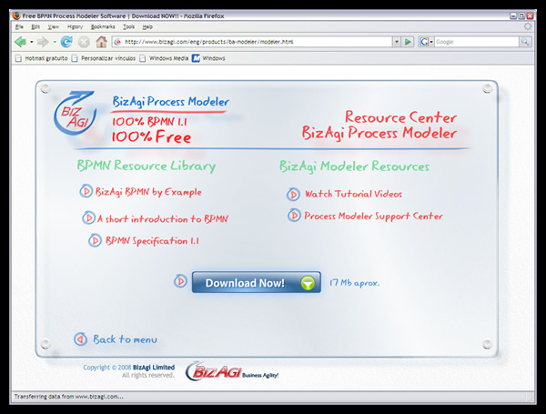 Sitio comercial del BizAgi process modeler // BizAgi Process Modeler commercial site
