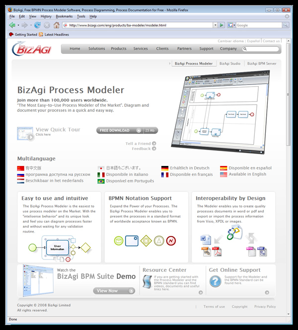 Sitio corporativo del BizAgi process modeler // BizAgi Process Modeler corporate site