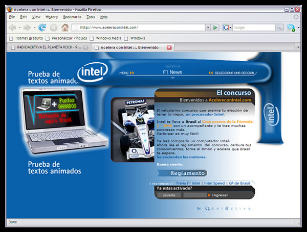 Acelera con Intel | web site comercial de promoción de la F1 en Colombia